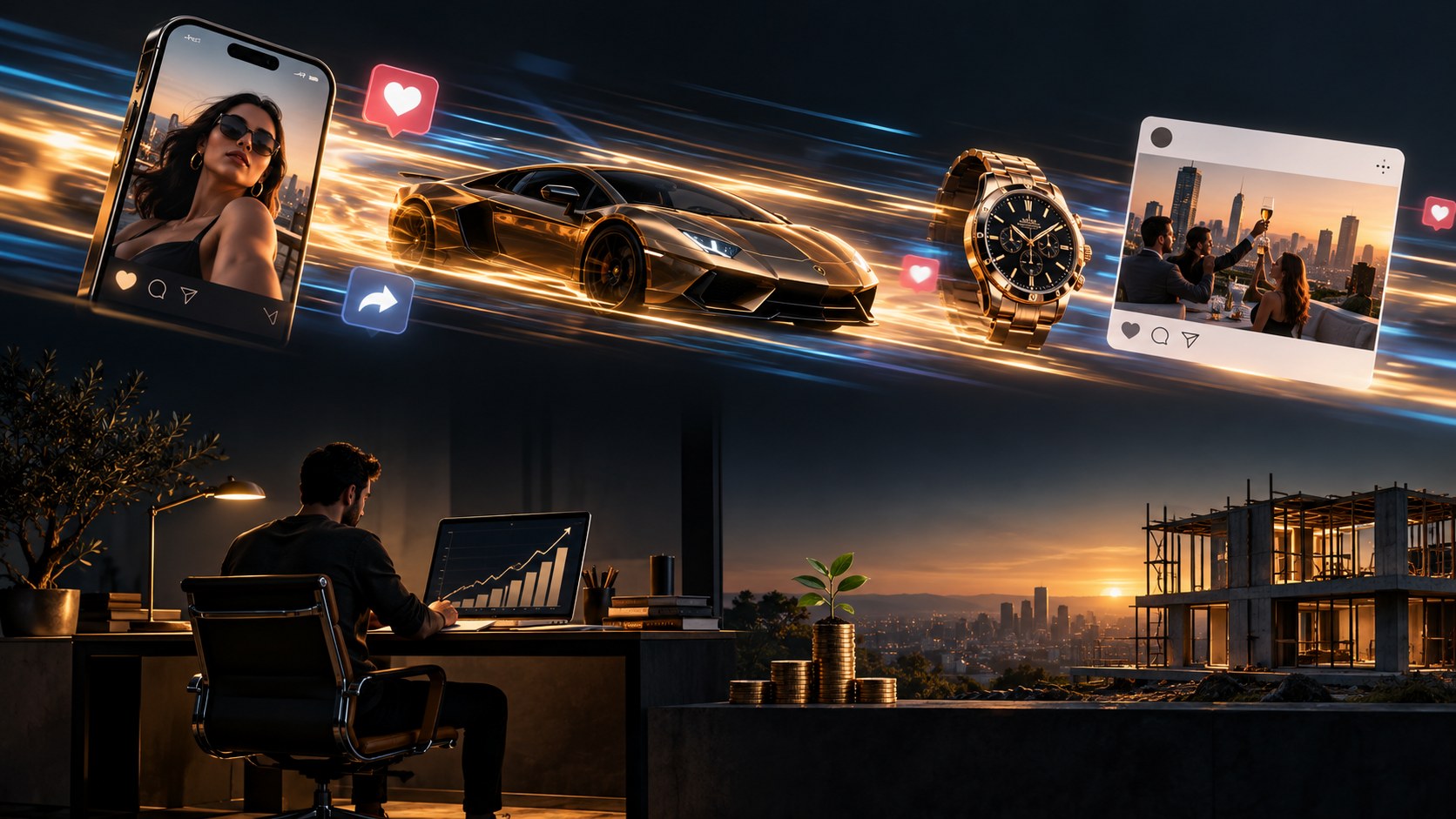 Editorial illustration for “Flex culture: why wealth signals spread faster than actual wealth”.