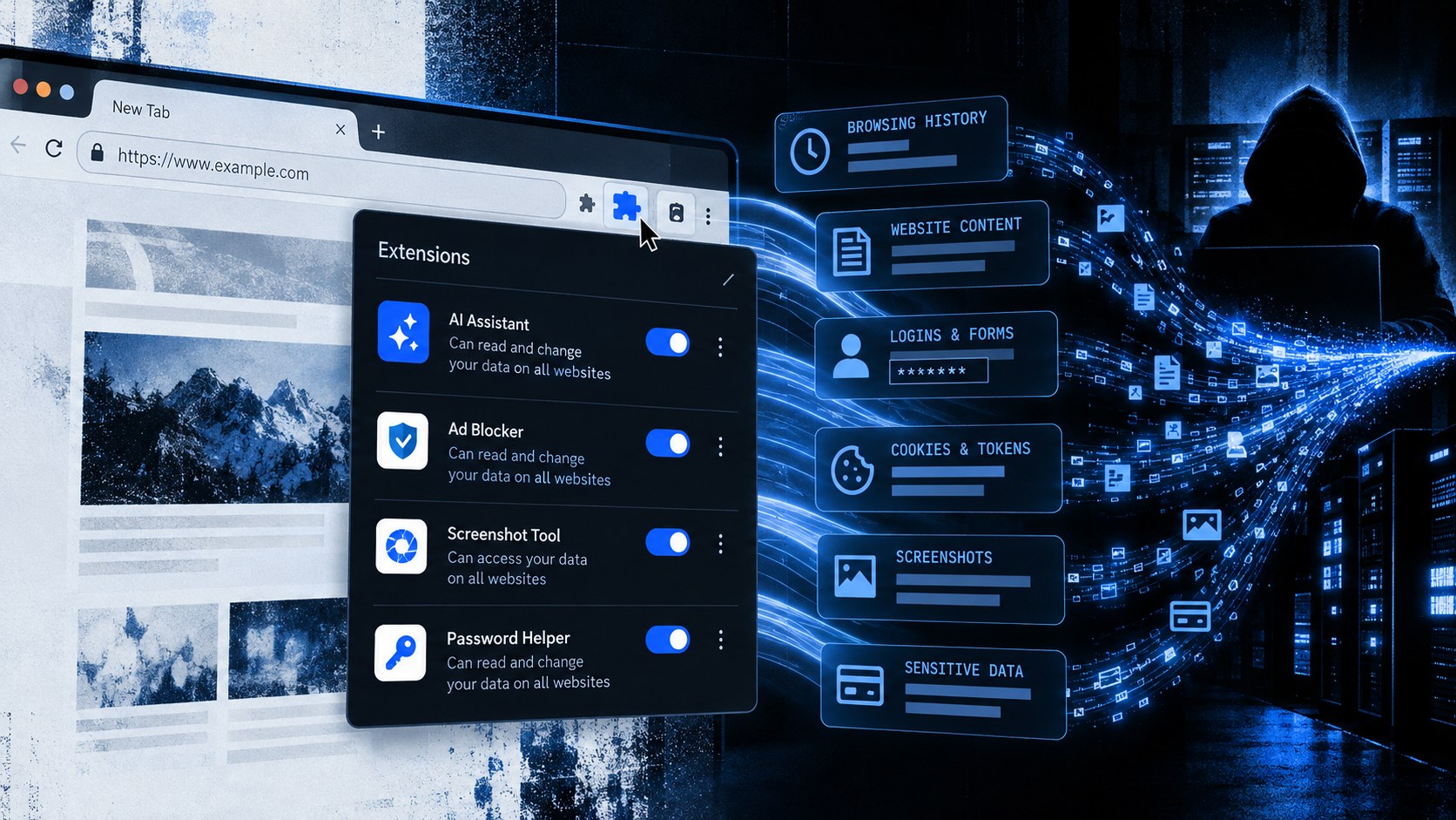 Editorial illustration for “How browser extensions become security risks”.