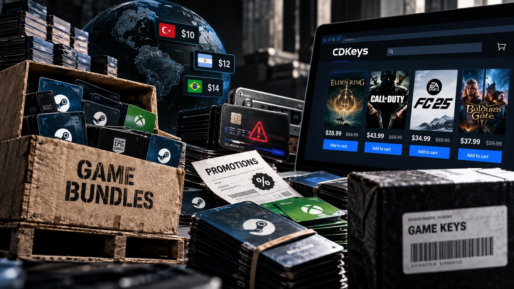 Editorial illustration for “How game key resellers get cheap keys”.