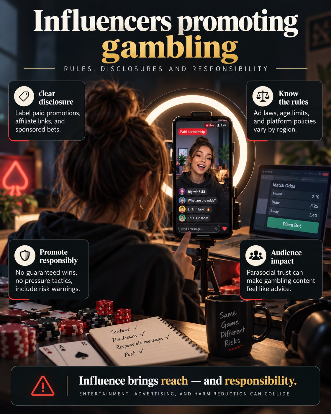 Editorial illustration for “Influencers promoting gambling: rules, disclosures and responsibility”.