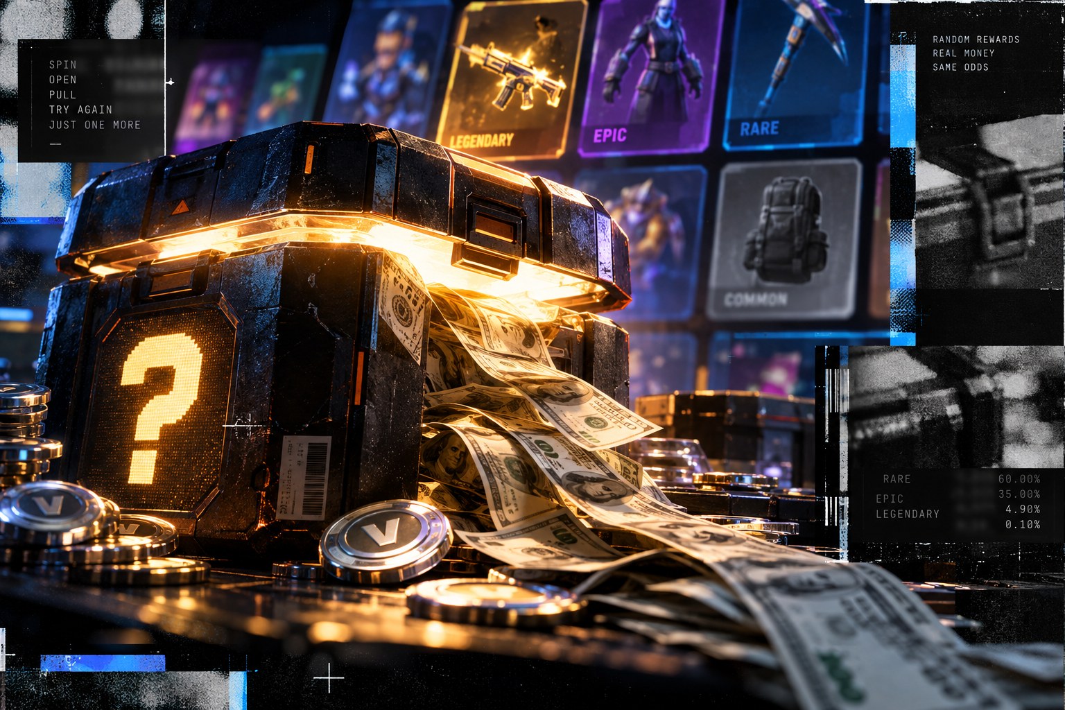 Editorial illustration for “What loot boxes and gacha actually cost players”.