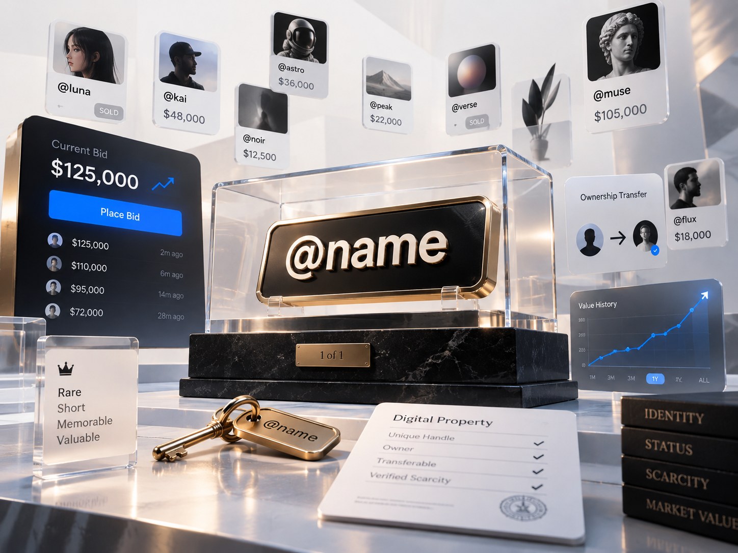 Editorial illustration for “Why usernames and handles became valuable digital assets”.