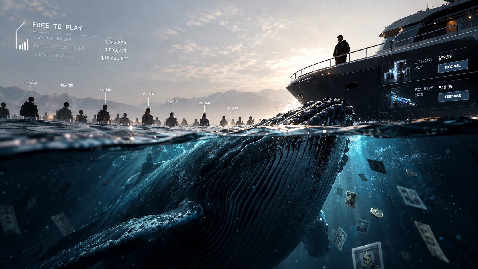 Editorial illustration for “Why whales matter to free-to-play games”.